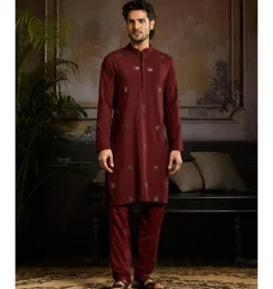 Maroon & Mix Material Floral Butta Kurta Paired With Maroon Pants