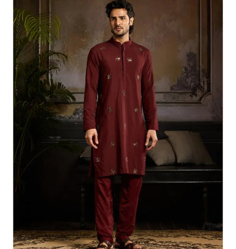 Maroon & Mix Material Floral Butta Kurta Paired With Maroon Pants