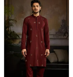 Maroon & Mix Material Floral Butta Kurta Paired With Maroon Pants