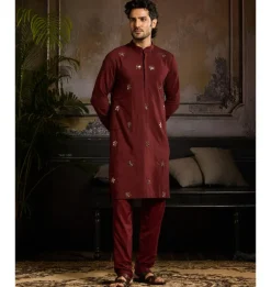 Maroon & Mix Material Floral Butta Kurta Paired With Maroon Pants