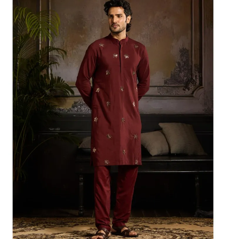 Maroon & Mix Material Floral Butta Kurta Paired With Maroon Pants