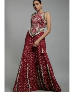 Maroon Embroidered Back Tie-Up Choli With Sharara Set