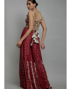 Maroon Embroidered Back Tie-Up Choli With Sharara Set