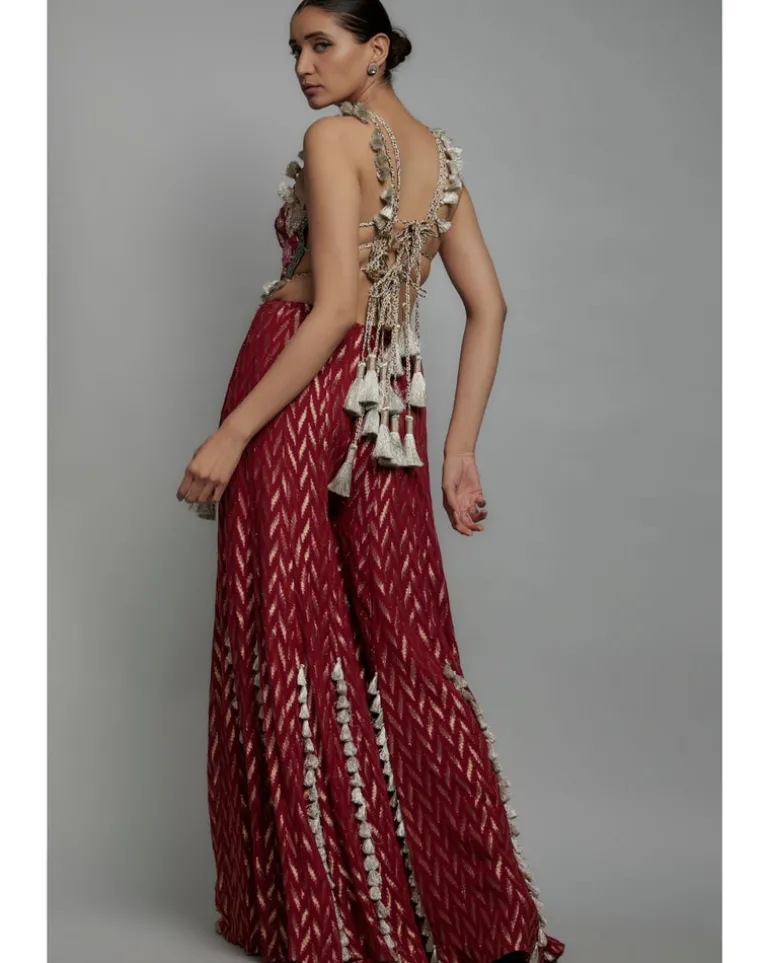 Maroon Embroidered Back Tie-Up Choli With Sharara Set