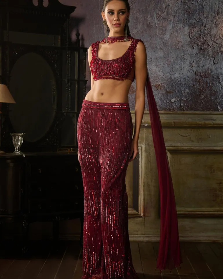 Maroon Embroidered Blouse And Pants With Choker Dupatta