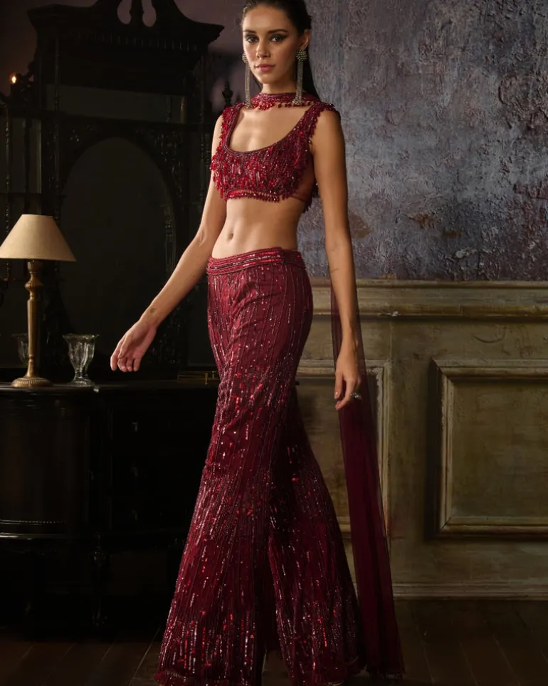 Maroon Embroidered Blouse And Pants With Choker Dupatta