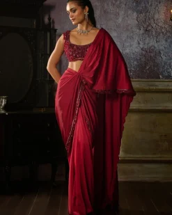 Maroon Embroidered Blouse With Pre Draped Solid Dhoti Skirt Sari