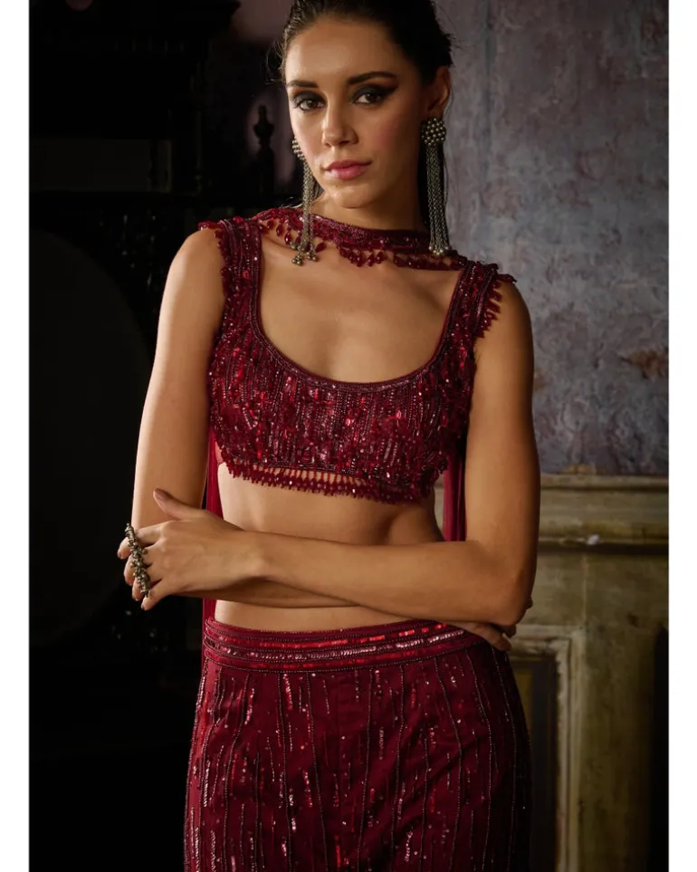 Maroon Embroidered Blouse And Pants With Choker Dupatta