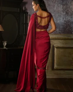 Maroon Embroidered Blouse With Pre Draped Solid Dhoti Skirt Sari