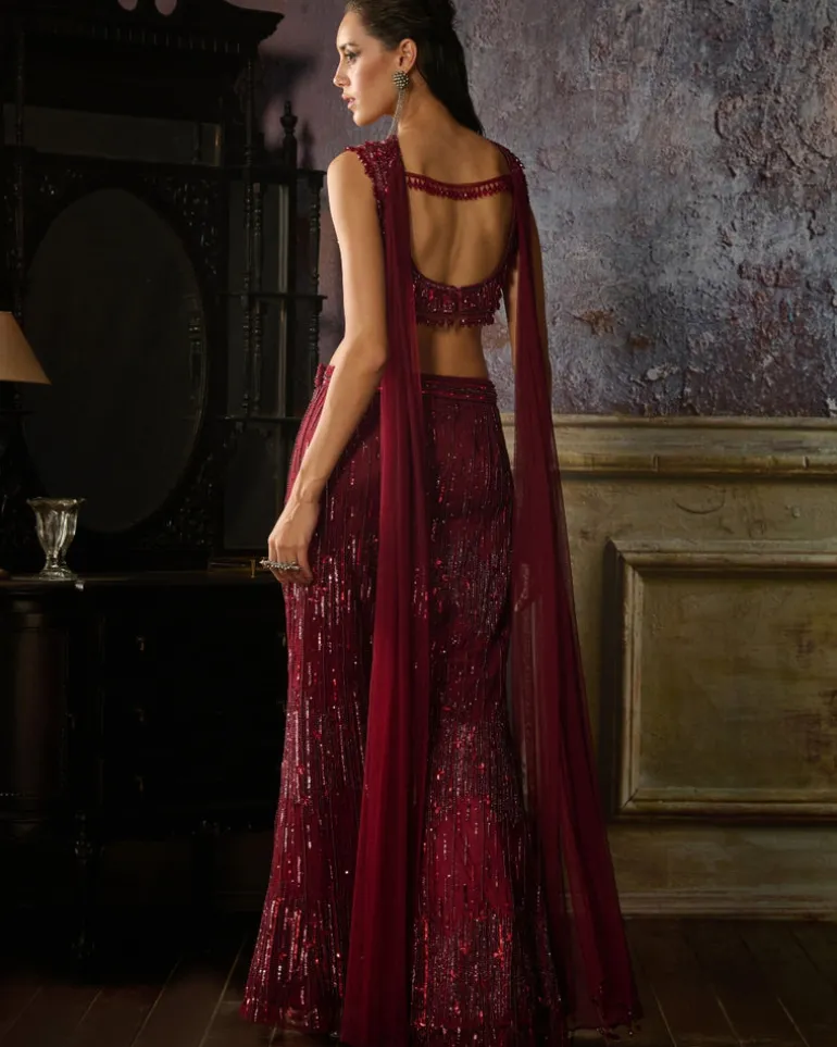 Maroon Embroidered Blouse And Pants With Choker Dupatta