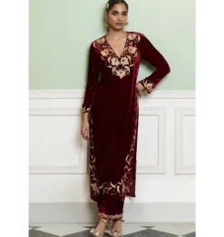 Maroon Embroidered Velvet Kurta Set
