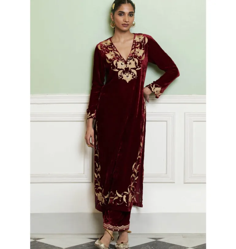 Maroon Embroidered Velvet Kurta Set