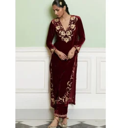 Maroon Embroidered Velvet Kurta Set