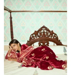Maroon Embroidered Velvet Short Kalidar Kurta Set