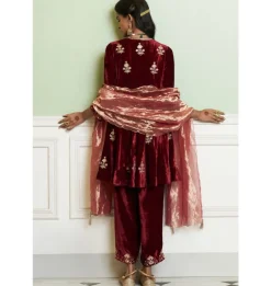 Maroon Embroidered Velvet Short Kalidar Kurta Set