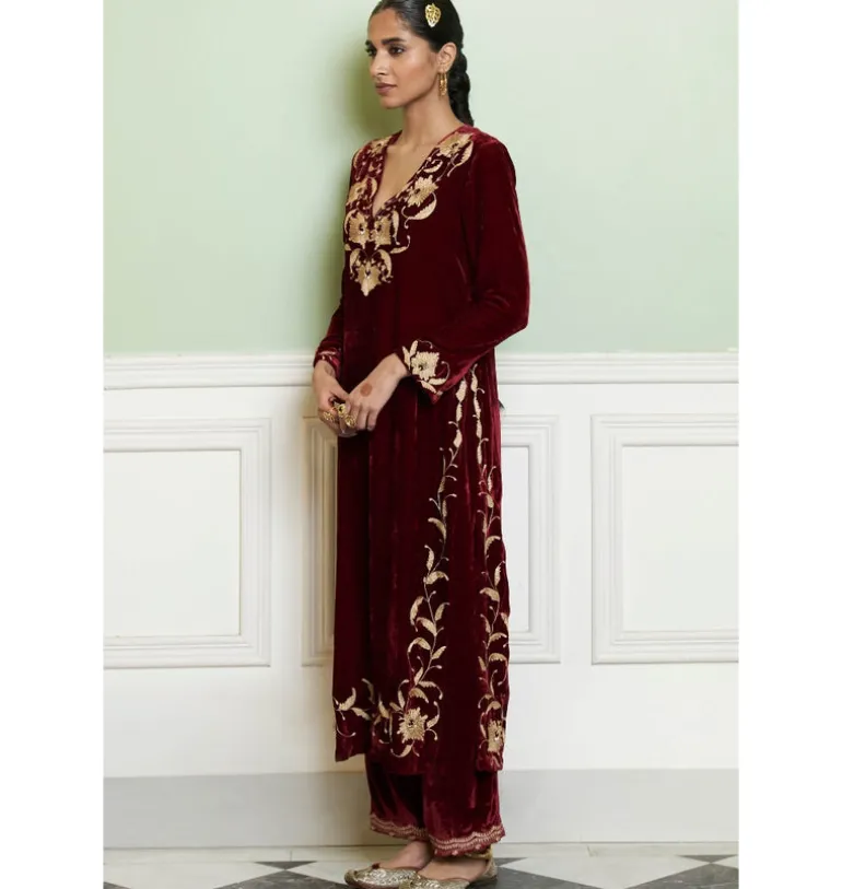 Maroon Embroidered Velvet Kurta Set