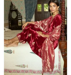 Maroon Embroidered Velvet Short Kalidar Kurta Set