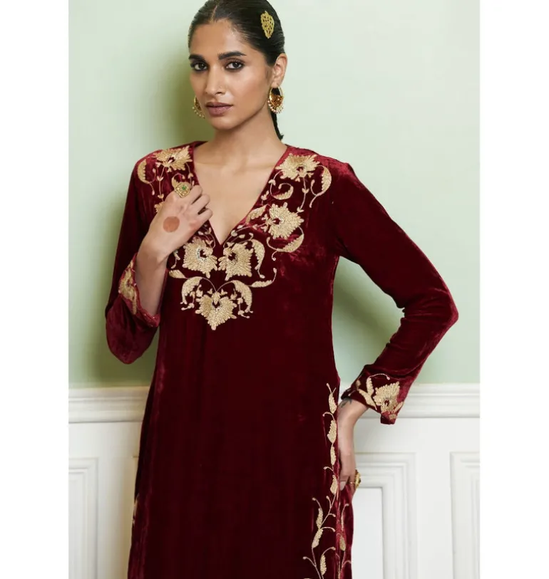 Maroon Embroidered Velvet Kurta Set