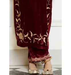 Maroon Embroidered Velvet Kurta Set