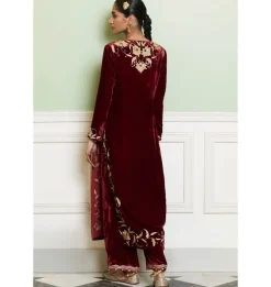 Maroon Embroidered Velvet Kurta Set