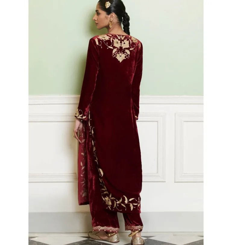 Maroon Embroidered Velvet Kurta Set