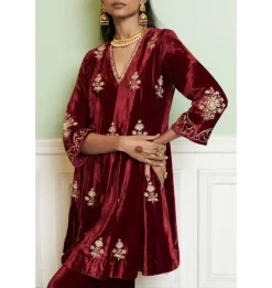 Maroon Embroidered Velvet Short Kalidar Kurta Set