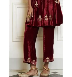 Maroon Embroidered Velvet Short Kalidar Kurta Set