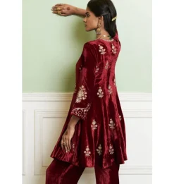 Maroon Embroidered Velvet Short Kalidar Kurta Set