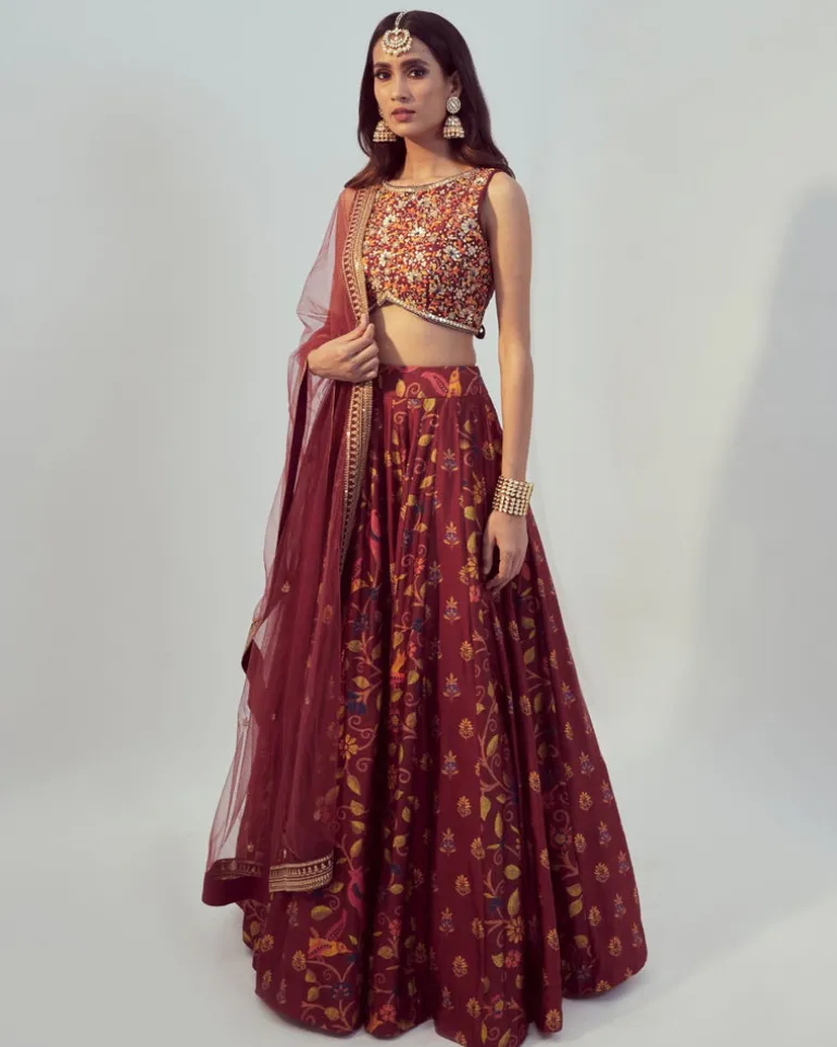 Maroon Floral Printed Lehenga Set