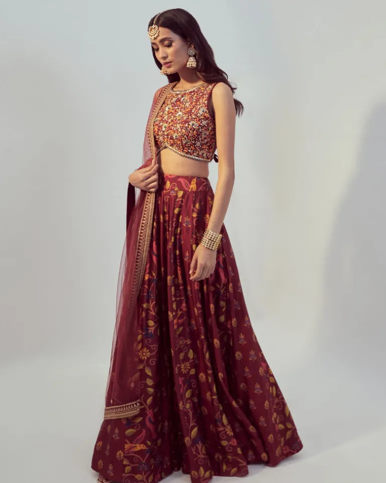 Maroon Floral Printed Lehenga Set