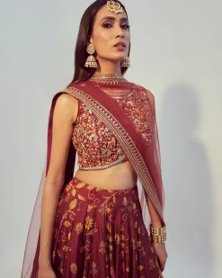 Maroon Floral Printed Lehenga Set