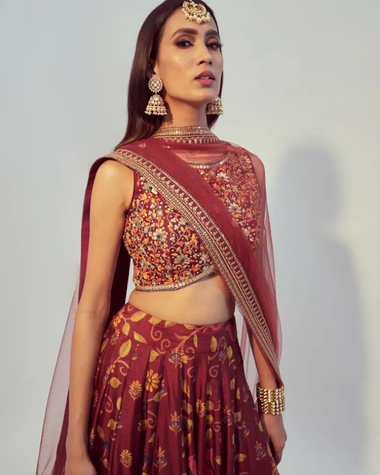 Maroon Floral Printed Lehenga Set