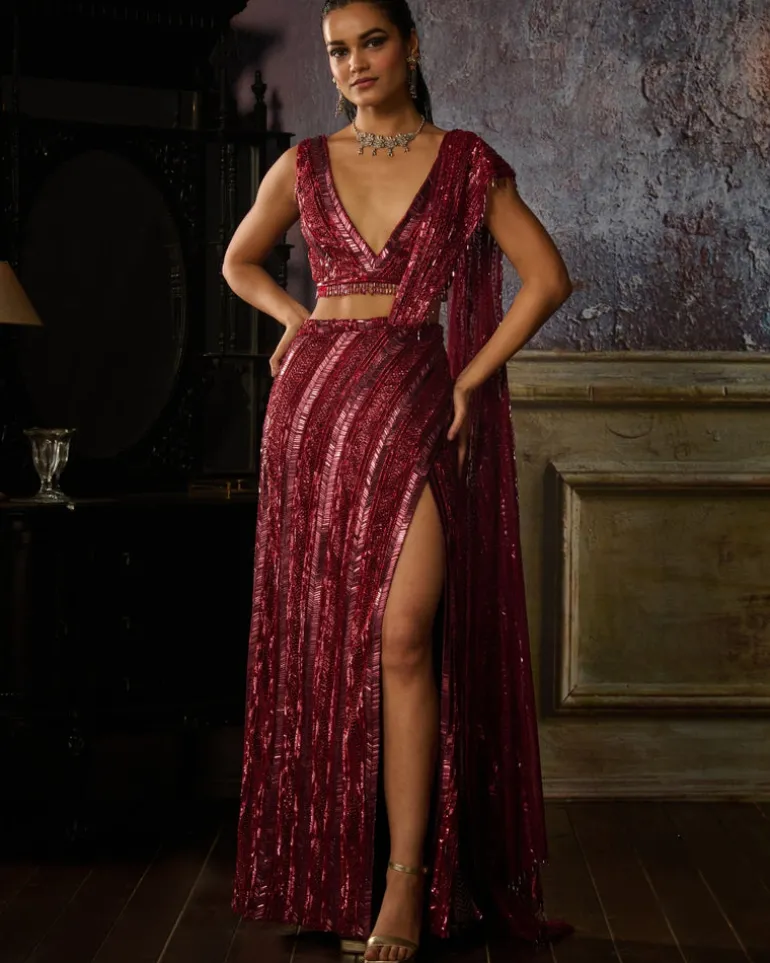 Maroon Fully Embroidered Blouse And Slit Skirt Sari