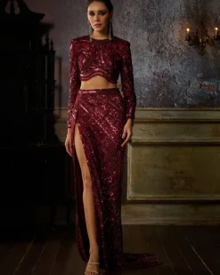 Maroon Fully Embroidered Blouse And Slit Trail Skirt