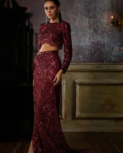 Maroon Fully Embroidered Blouse And Slit Trail Skirt