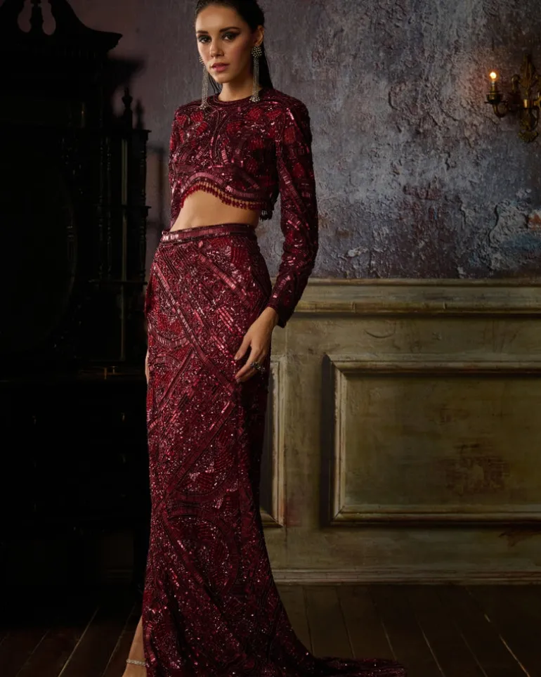 Maroon Fully Embroidered Blouse And Slit Trail Skirt