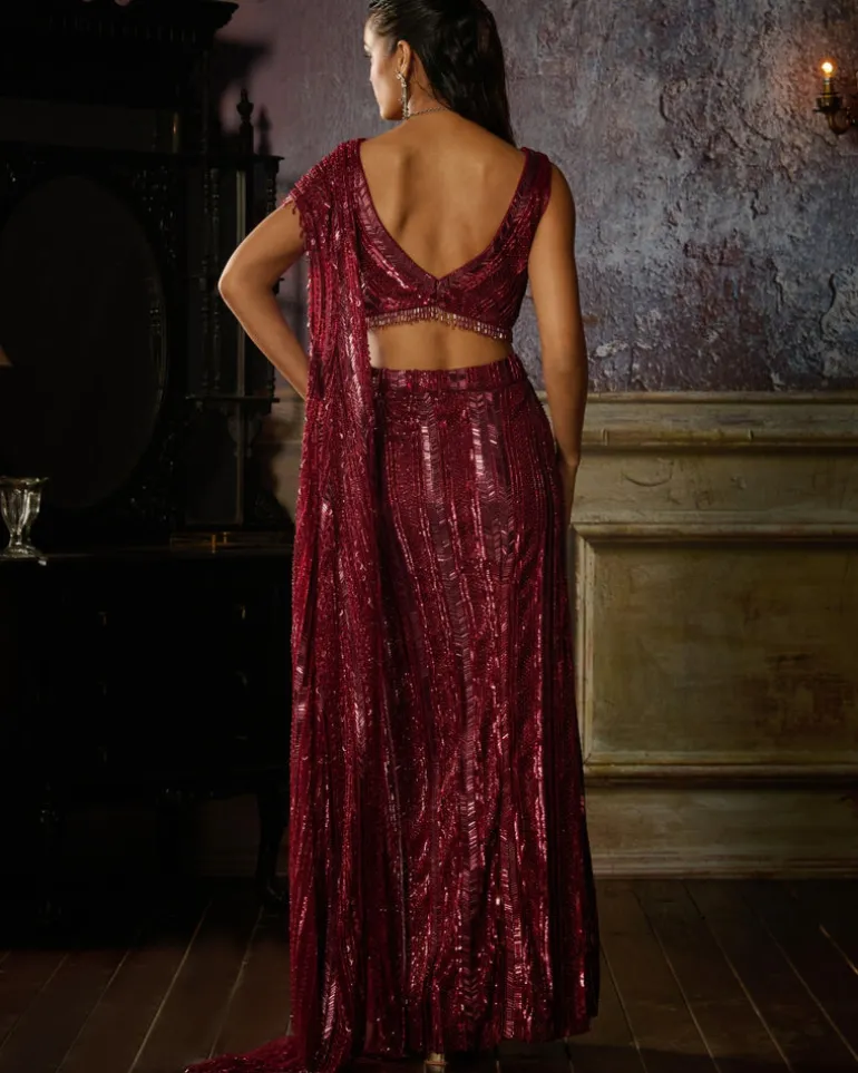 Maroon Fully Embroidered Blouse And Slit Skirt Sari