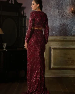 Maroon Fully Embroidered Blouse And Slit Trail Skirt