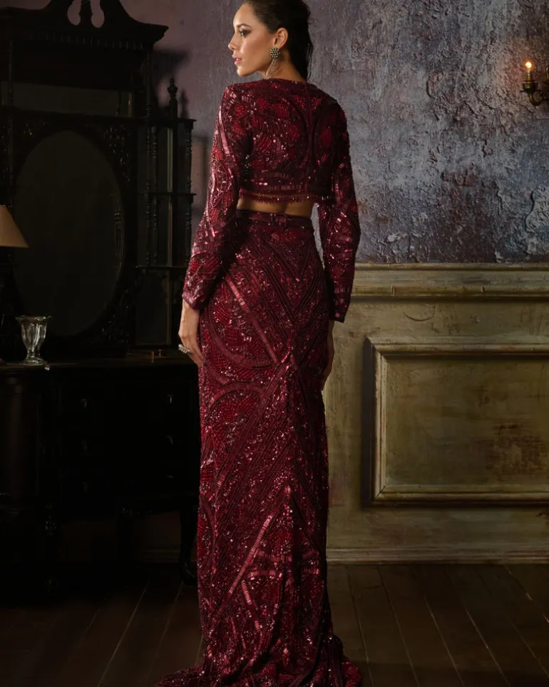 Maroon Fully Embroidered Blouse And Slit Trail Skirt