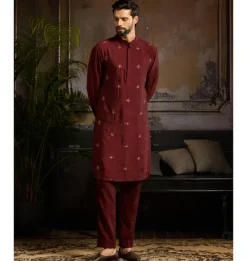 Maroon Mateilc Floral Butta Embroidered Kurta Paired With Maroon Pants