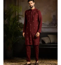 Maroon Mateilc Floral Butta Embroidered Kurta Paired With Maroon Pants