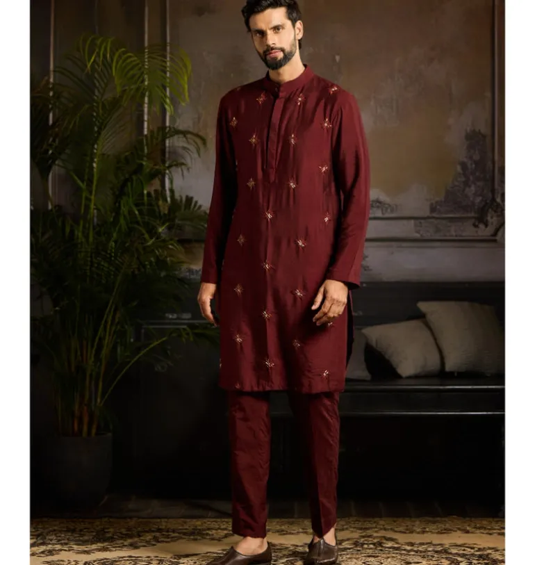 Maroon Mateilc Floral Butta Embroidered Kurta Paired With Maroon Pants