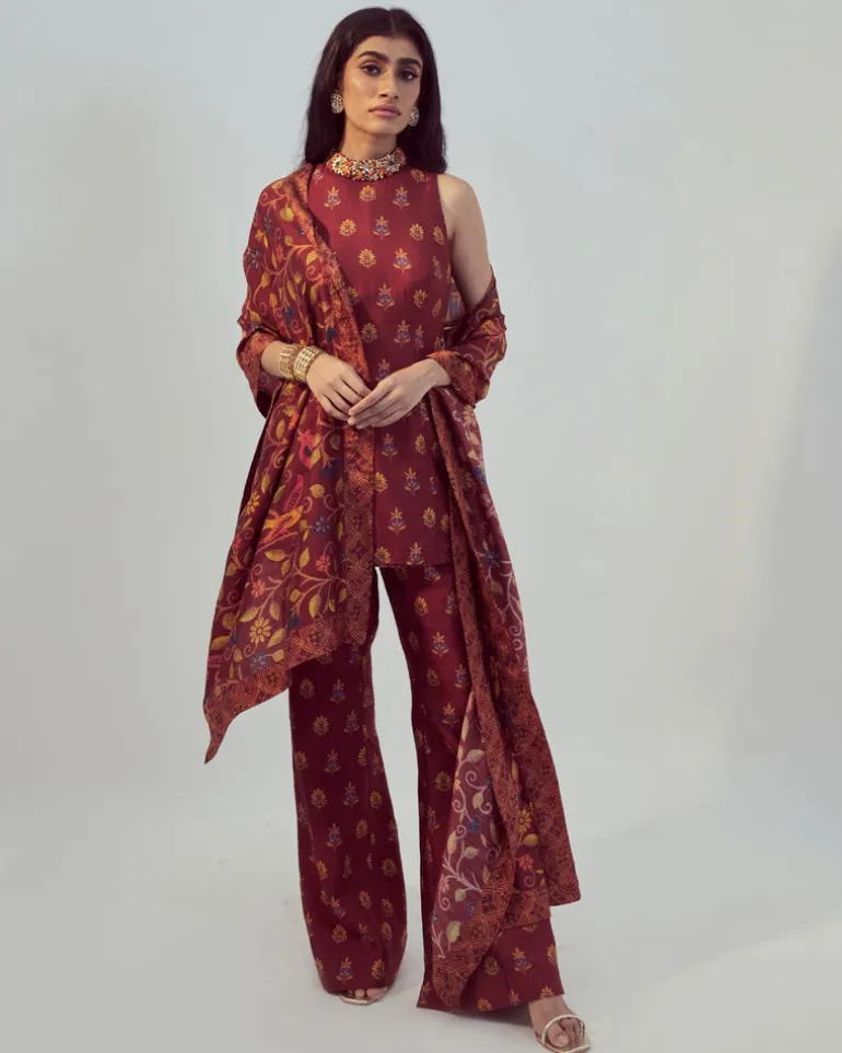 Maroon Printed Kurta Set