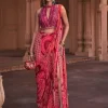 Maroon Thikri Highlighted Slit Sari Set
