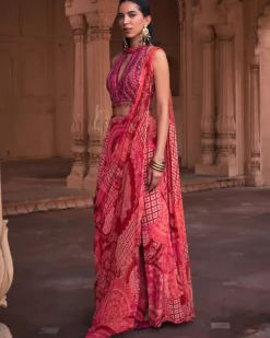 Maroon Thikri Highlighted Slit Sari Set