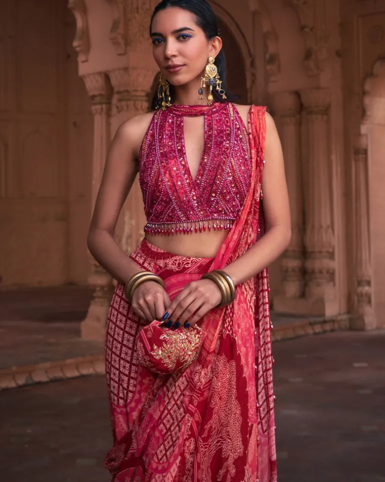 Maroon Thikri Highlighted Slit Sari Set