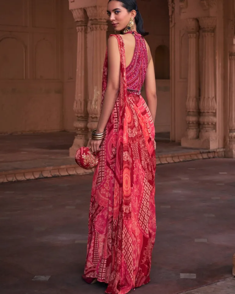 Maroon Thikri Highlighted Slit Sari Set