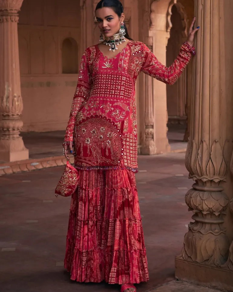 Maroon Thikri Print and Highlighted Kurti Set