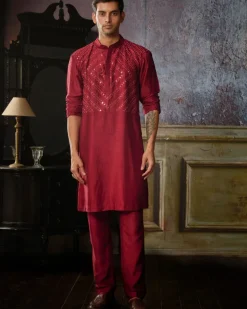 Maroon Thread And Mirror Embroidered Kurta With Maroon Pants