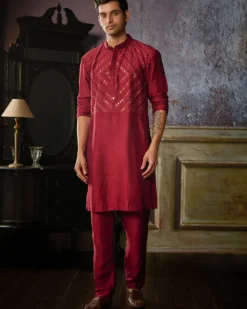 Maroon Thread And Mirror Embroidered Kurta With Maroon Pants